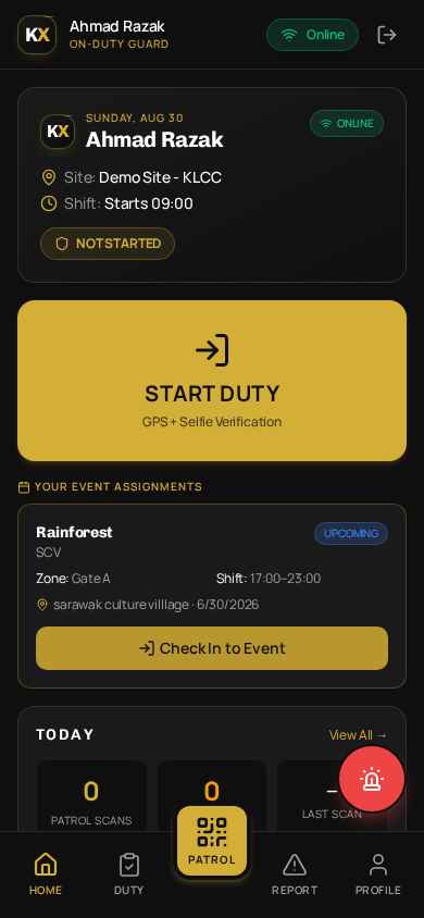 KawalX Guard App duty home screen — real screenshot