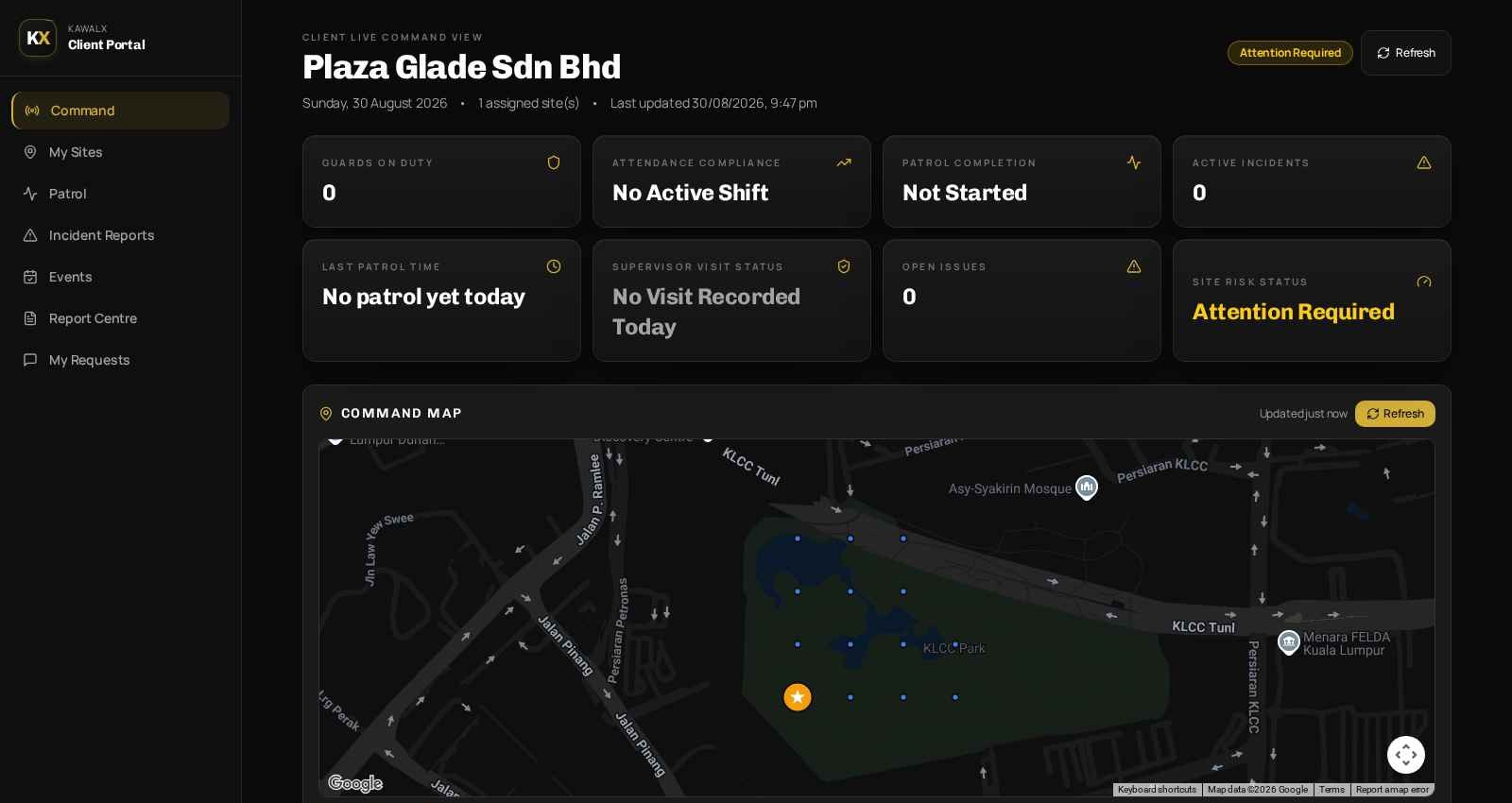 KawalX live command map — real screenshot