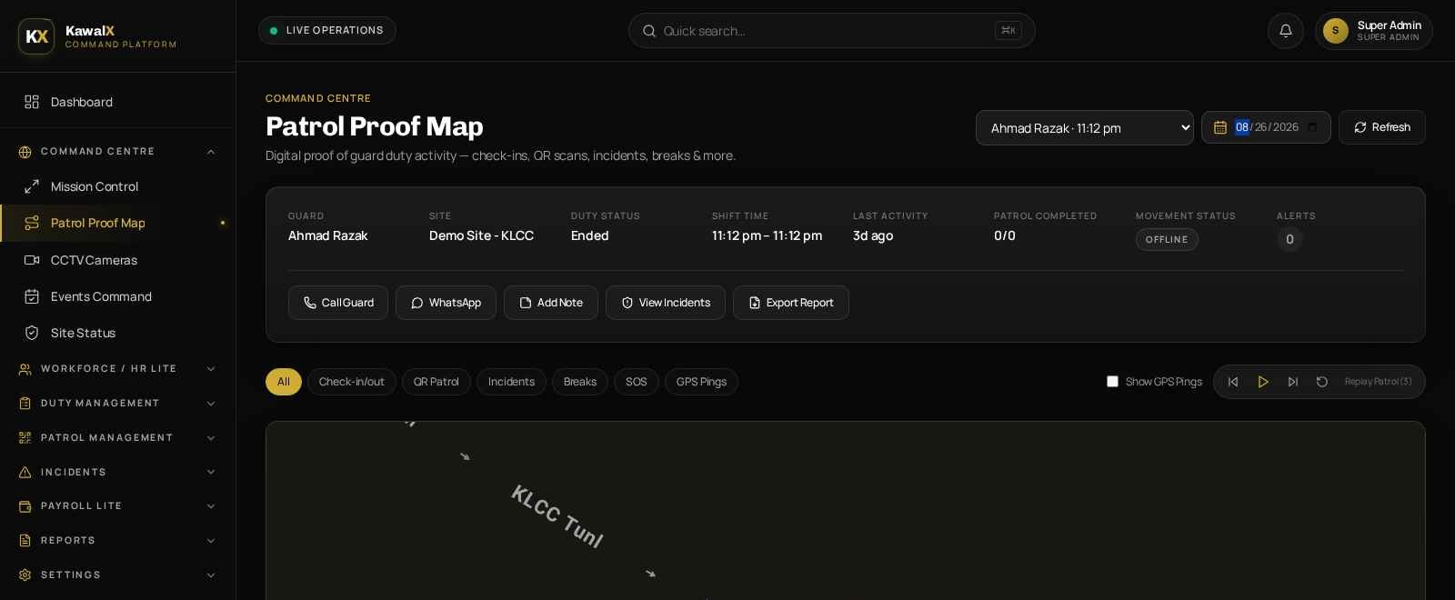 KawalX Patrol Proof Map — real screenshot
