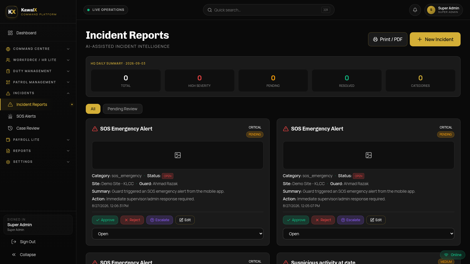 KawalX Incident Reports — real screenshot